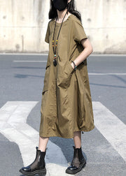 Casual Khaki O Neck Ruffled Patchwork Cotton Dress Summer