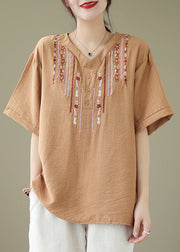 Casual Khaki Oversized Embroideried Cotton Blouse Tops Summer