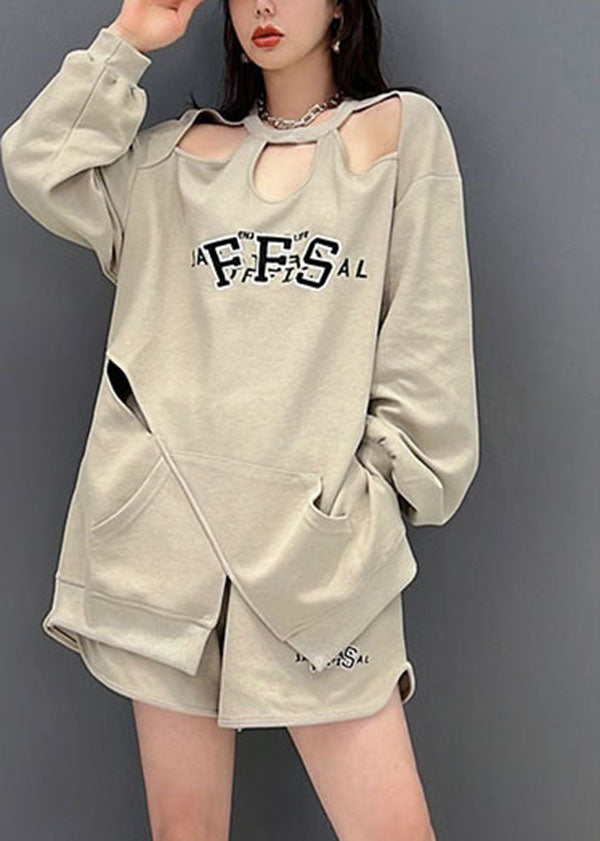 Casual Khaki Oversized Hollow Out Cotton Sweatshirt Two Pieces Set Fall