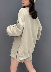 Casual Khaki Oversized Hollow Out Cotton Sweatshirt Two Pieces Set Fall