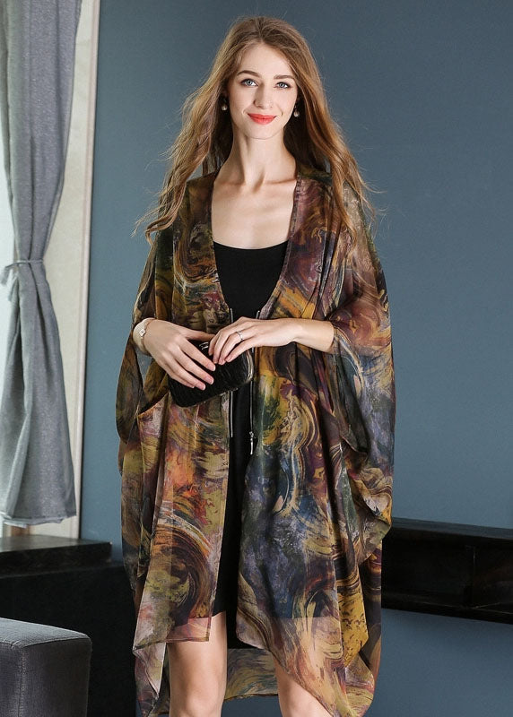 Casual Khaki Oversized Print Chiffon UPF 50+ Coat Jacket Batwing Sleeve