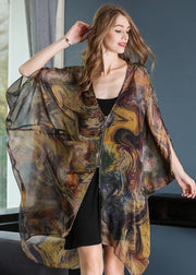 Casual Khaki Oversized Print Chiffon UPF 50+ Coat Jacket Batwing Sleeve