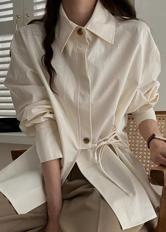 Casual Khaki Patchwork Button Tie Waist Shirt Long Sleeve