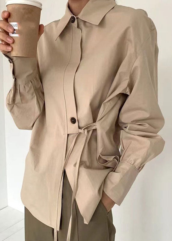 Casual Khaki Patchwork Button Tie Waist Shirt Long Sleeve