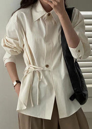 Casual Khaki Patchwork Button Tie Waist Shirt Long Sleeve