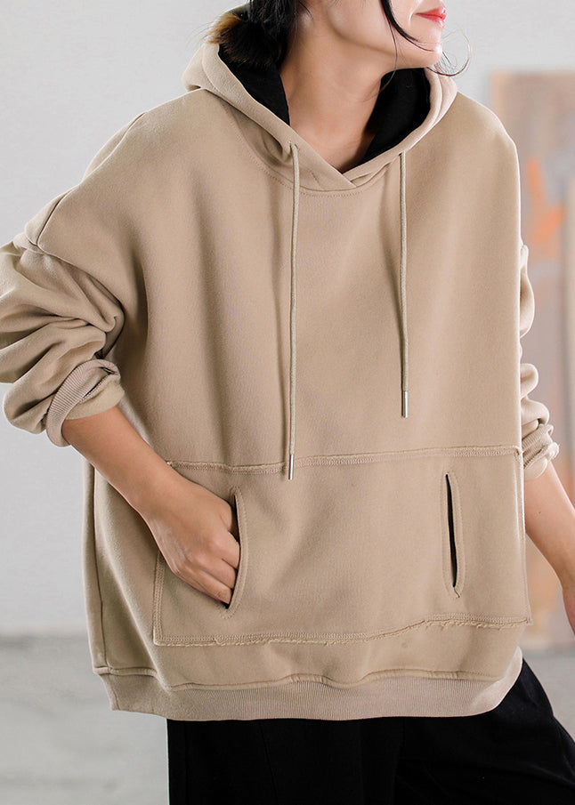 Casual Khaki Patchwork Drawstring Warm Fleece Hoodies Pullover Fall