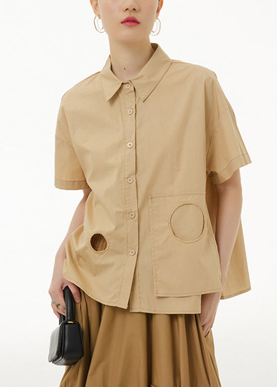 Casual Khaki Peter Pan Collar Button Solid Cotton Shirt Summer