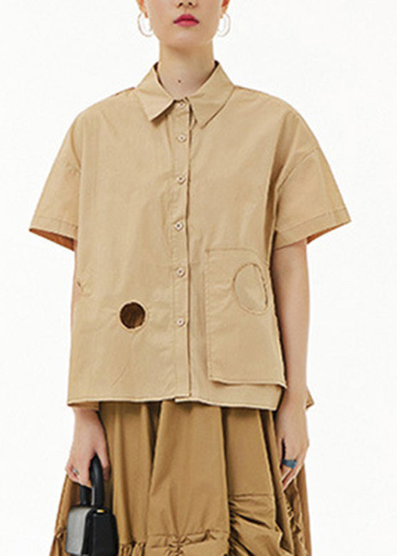 Casual Khaki Peter Pan Collar Button Solid Cotton Shirt Summer