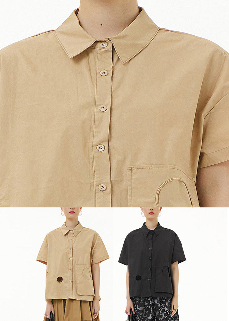 Casual Khaki Peter Pan Collar Button Solid Cotton Shirt Summer