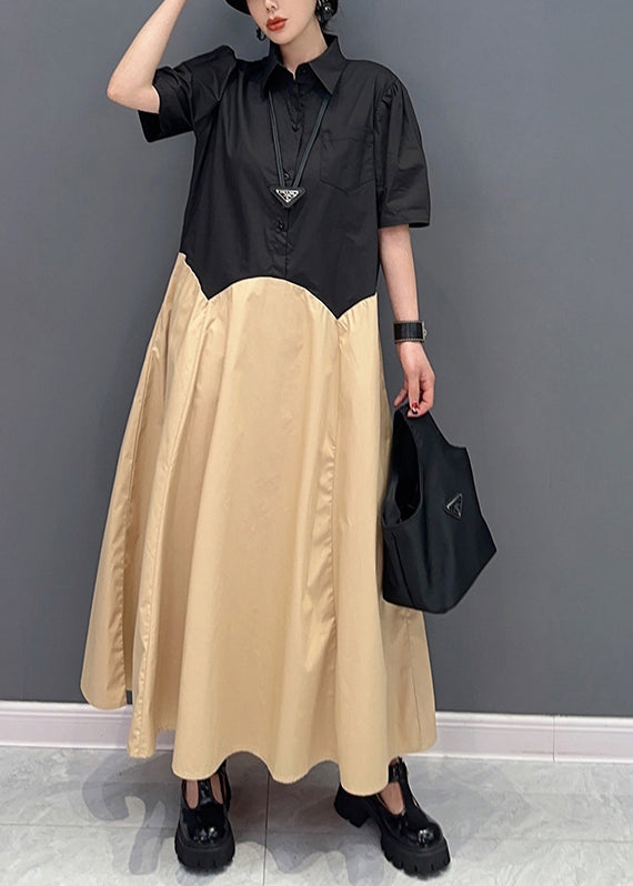 Casual Khaki Peter Pan Collar Patchwork Cotton Maxi Dress Summer