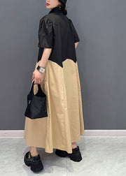 Casual Khaki Peter Pan Collar Patchwork Cotton Maxi Dress Summer