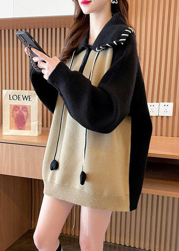 Casual Khaki Peter Pan Collar Patchwork Warm Knit Pullover Winter