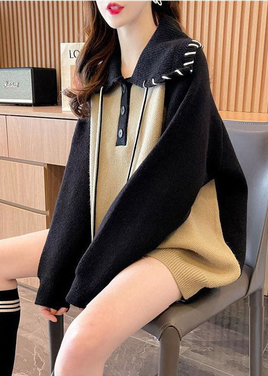 Casual Khaki Peter Pan Collar Patchwork Warm Knit Pullover Winter