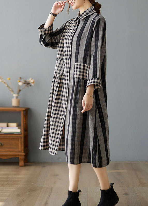 Casual Khaki Peter Pan Collar Plaid Cotton Dresses Spring