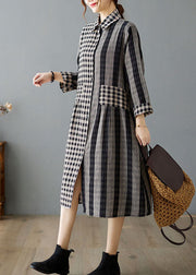 Casual Khaki Peter Pan Collar Plaid Cotton Dresses Spring