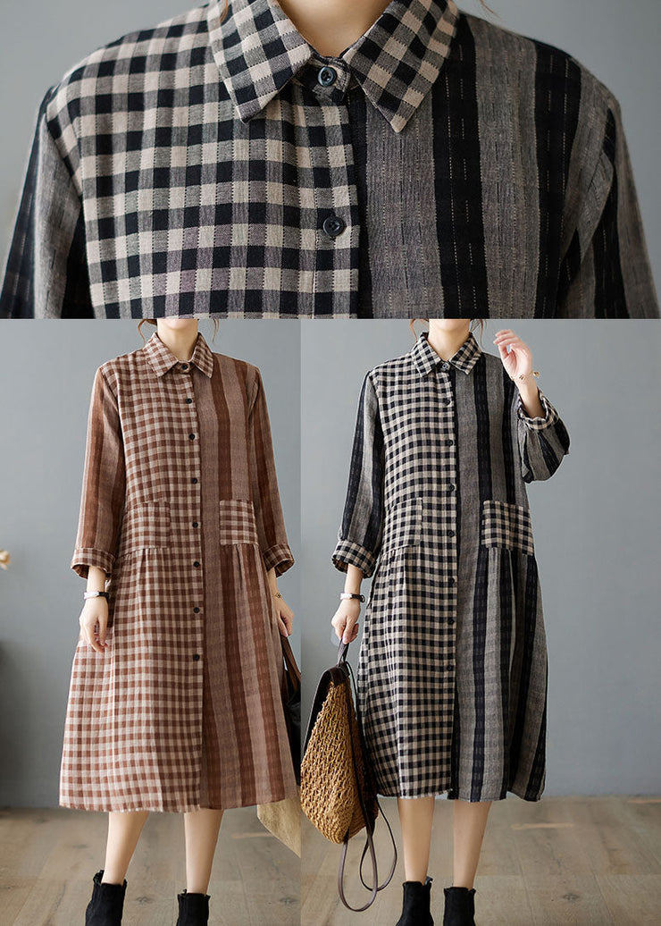 Casual Khaki Peter Pan Collar Plaid Cotton Dresses Spring