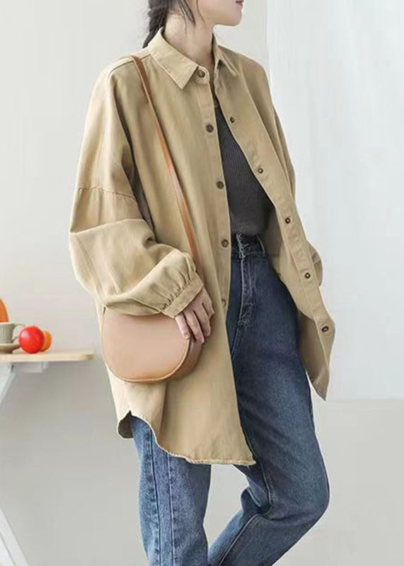 Casual Khaki Peter Pan Collar Pockets Button Mid Coat Lantern Sleeve