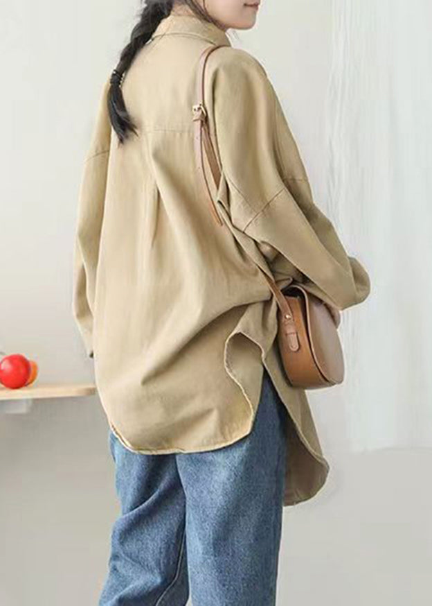 Casual Khaki Peter Pan Collar Pockets Button Mid Coat Lantern Sleeve