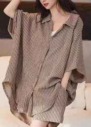 Casual Khaki Peter Pan Collar Striped Shirt And Shorts Two Piece Set Summer