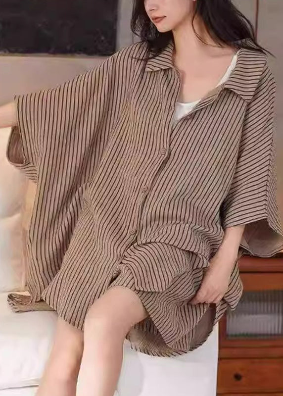 Casual Khaki Peter Pan Collar Striped Shirt And Shorts Two Piece Set Summer