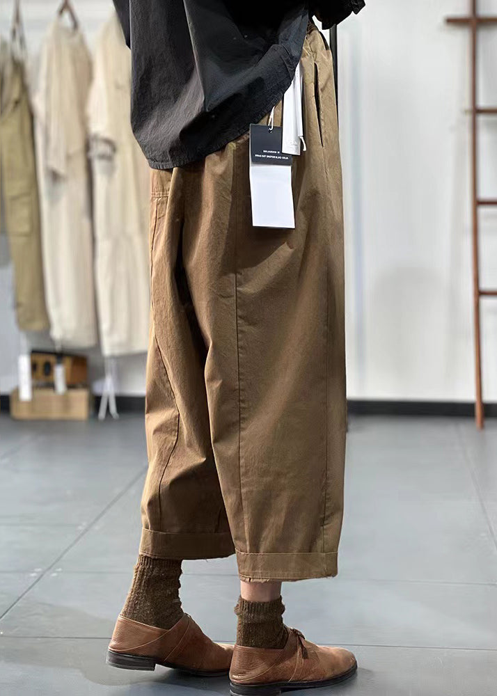 Casual Khaki Pockets Elastic Waist Cotton Crop Pants Fall