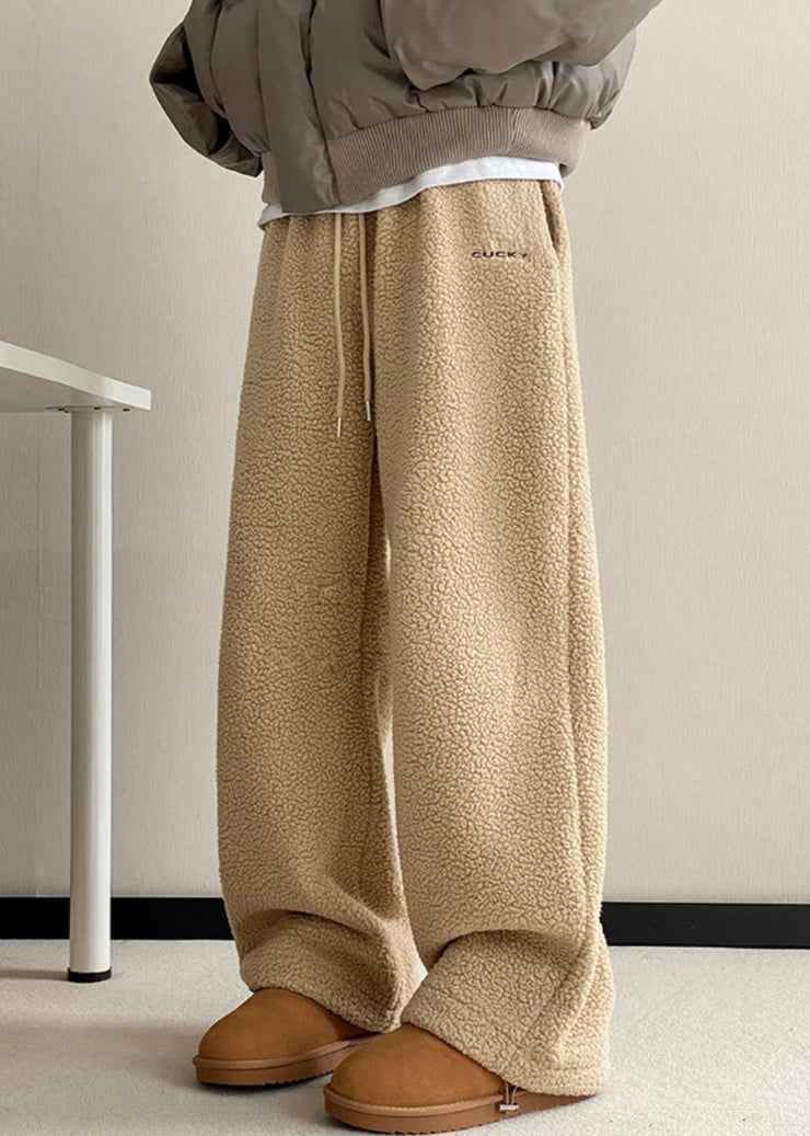 Casual Khaki Pockets Elastic Waist Teddy Faux Fur Mens Pants Winter