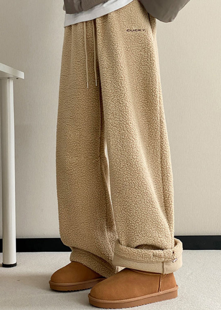 Casual Khaki Pockets Elastic Waist Teddy Faux Fur Mens Pants Winter