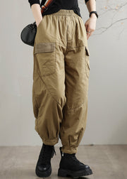 Casual Khaki Pockets Patchwork Fine Cotton Filled Pants Winter