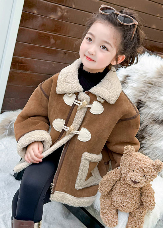 Casual Khaki Pockets Patchwork Thick Warm Fuzzy Wool Lined Girls Coats Winter