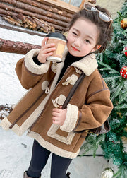 Casual Khaki Pockets Patchwork Thick Warm Fuzzy Wool Lined Girls Coats Winter