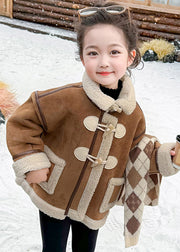 Casual Khaki Pockets Patchwork Thick Warm Fuzzy Wool Lined Girls Coats Winter