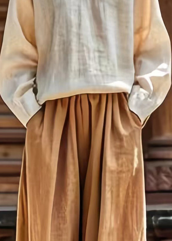 Casual Khaki Pockets Tie Waist Wide Leg Pants Summer