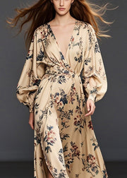 Casual Khaki Print Side Open Chiffon Long Dress Spring