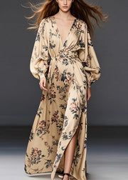 Casual Khaki Print Side Open Chiffon Long Dress Spring