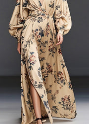 Casual Khaki Print Side Open Chiffon Long Dress Spring