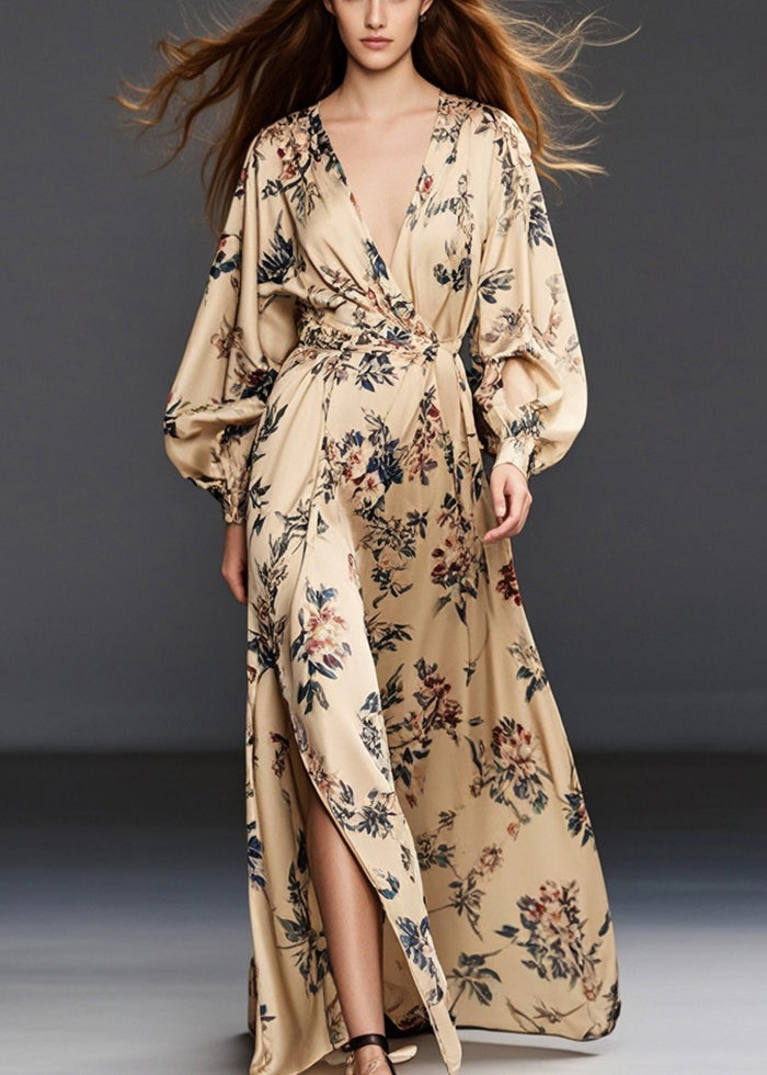 Casual Khaki Print Side Open Chiffon Long Dress Spring