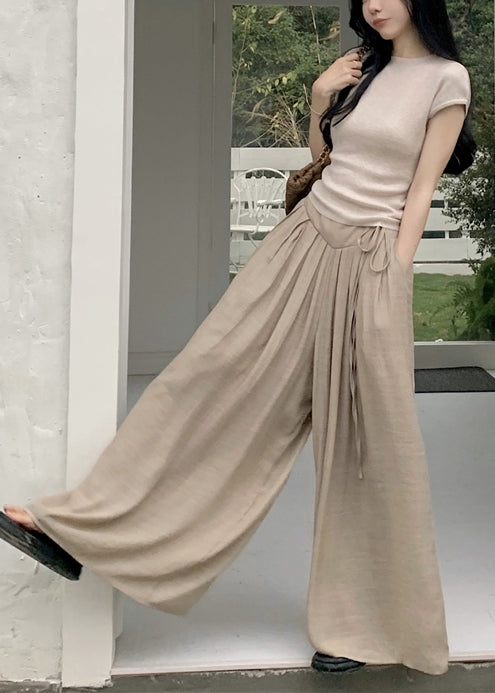 Casual Khaki Silm Fit Tops And Wide Leg Pants Two Pieces Set Summer