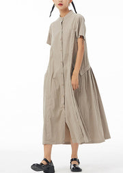 Casual Khaki Stand Collar Button Solid Cotton Long Shirt Dress Summer