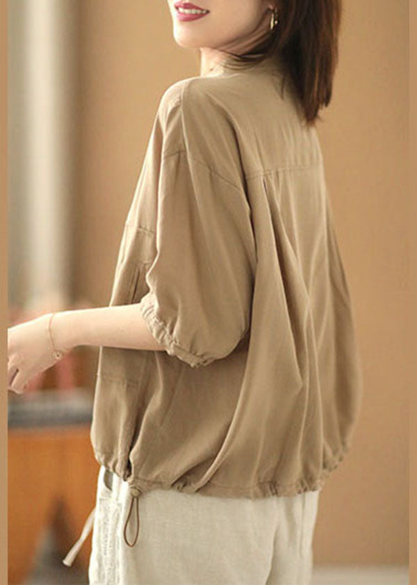 Casual Khaki Stand Collar Drawstring Button Silk Shirt Top Bracelet Sleeve