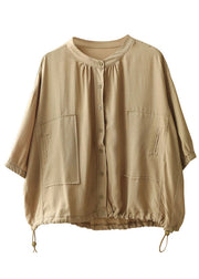 Casual Khaki Stand Collar Drawstring Button Silk Shirt Top Bracelet Sleeve