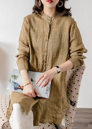 Casual Khaki Stand Collar Patchwork Button Linen Top Spring