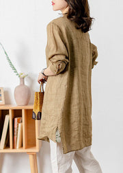 Casual Khaki Stand Collar Patchwork Button Linen Top Spring