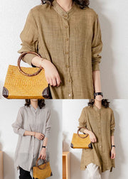 Casual Khaki Stand Collar Patchwork Button Linen Top Spring