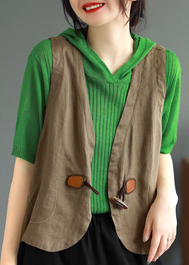 Casual Khaki V Neck Button Patchwork Linen Vest Sleeveless