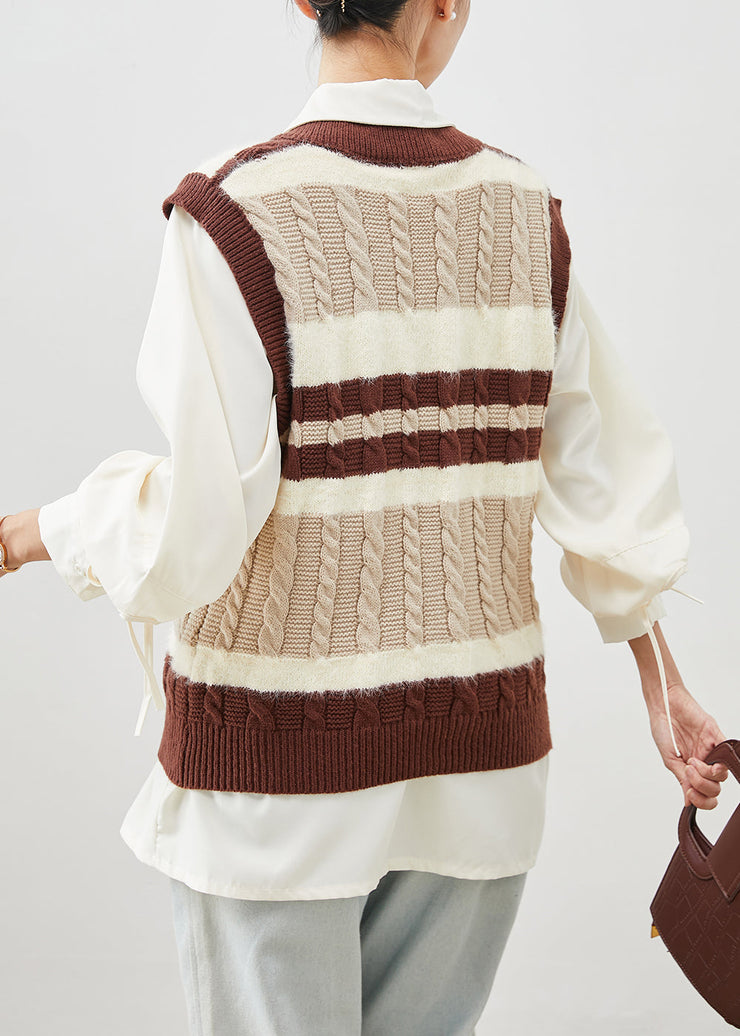 Casual Khaki V Neck Patchwork Knit Vest And Shirt Two Pieces Set Winter