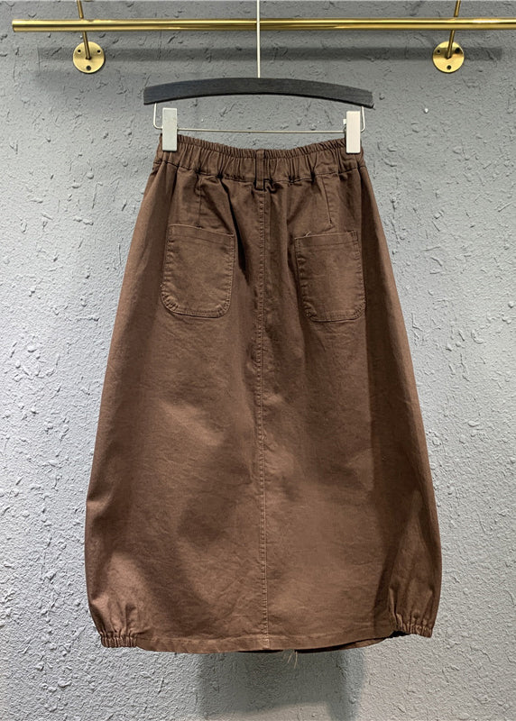 Casual Khaki Wrinkled Pockets Patchwork Cotton Skirts Fall