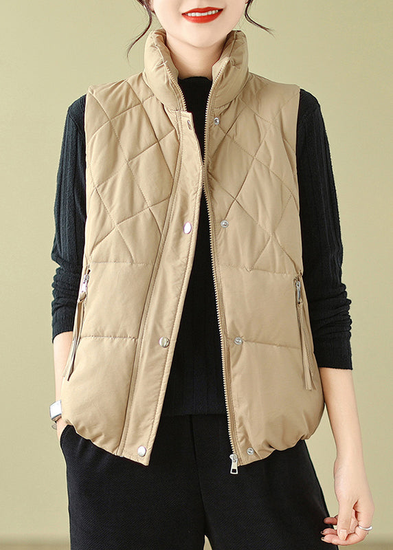 Casual Khaki Zip Up Patchwork Fine Cotton Filled Vest Sleeveless