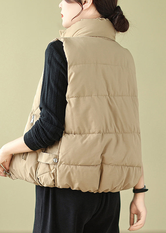 Casual Khaki Zip Up Patchwork Fine Cotton Filled Vest Sleeveless