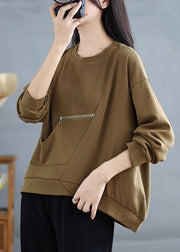 Casual Khaki Zip Up Pockets Patchwork Cotton Top Spring