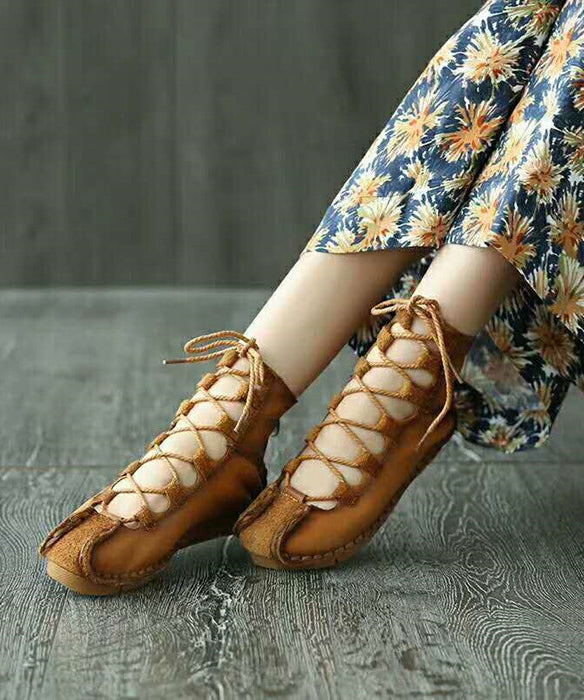 Casual Lace Up Splicing Flat Shoes Khaki Cowhide Leather